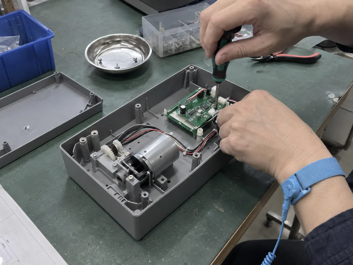 AI-generated illustration: Plastic housing, motor and circuit assembly at a workbench