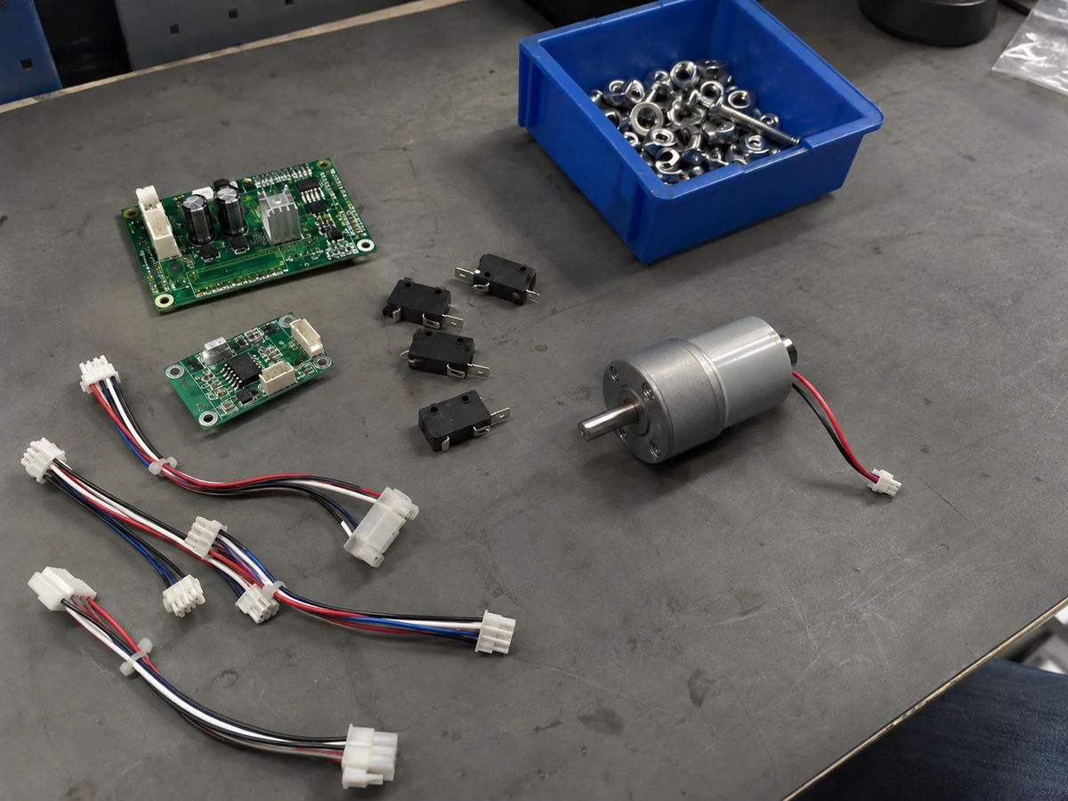 AI-generated illustration: Motor, circuit assemblies, switches and wire harnesses on an inspection bench
