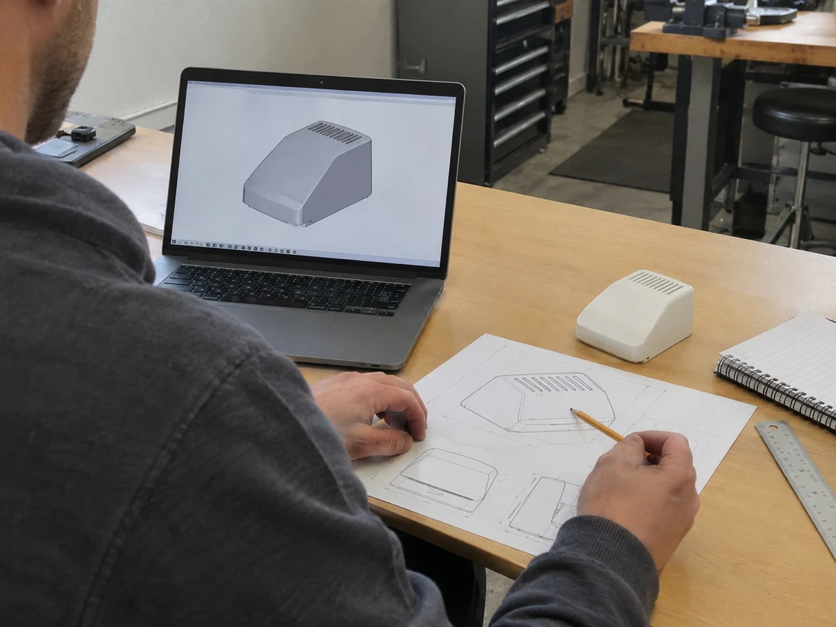 AI-generated illustration: Reviewing a CAD enclosure, drawings and a molded cover sample