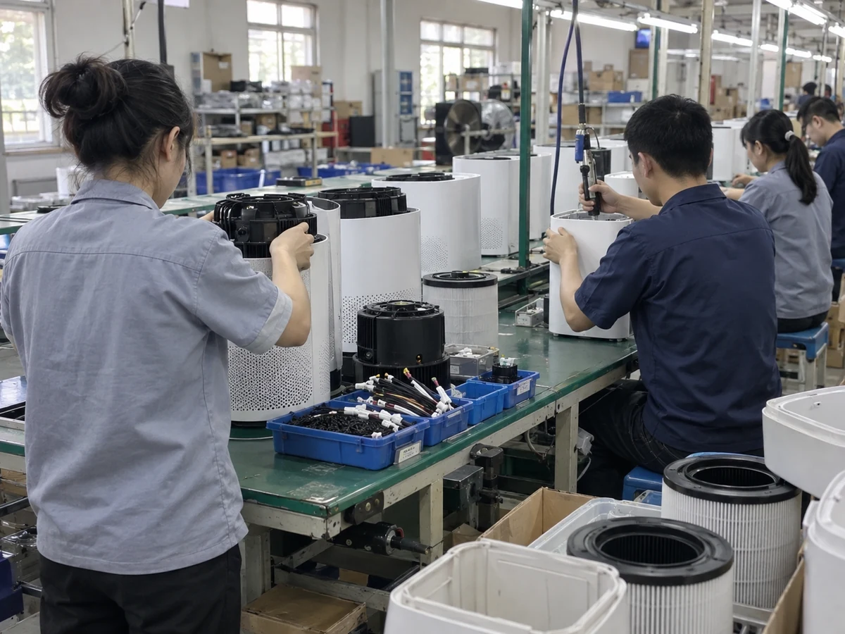 AI-generated illustration: Workers assembling white air purifier housings, fan modules and filters
