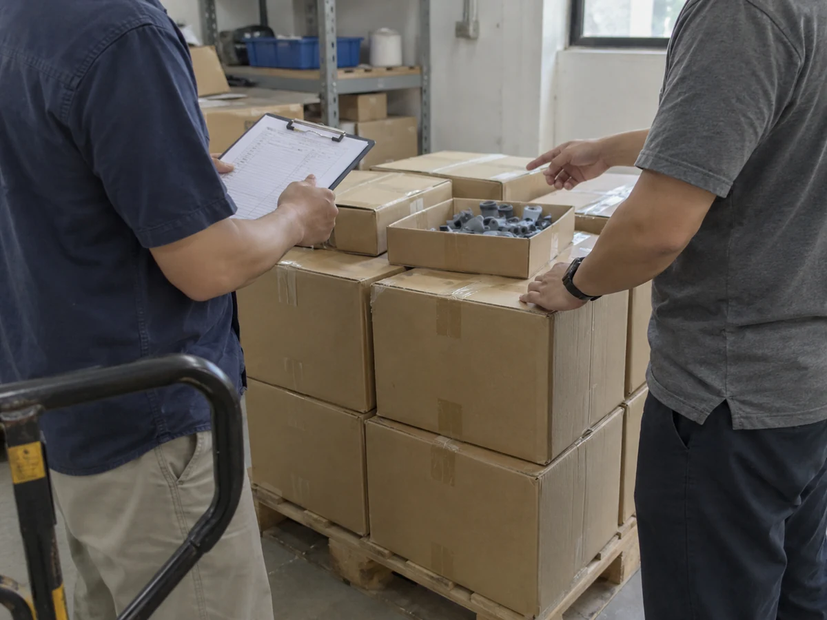 AI-generated illustration: Colleagues checking packed cartons and plastic samples during a supplier visit