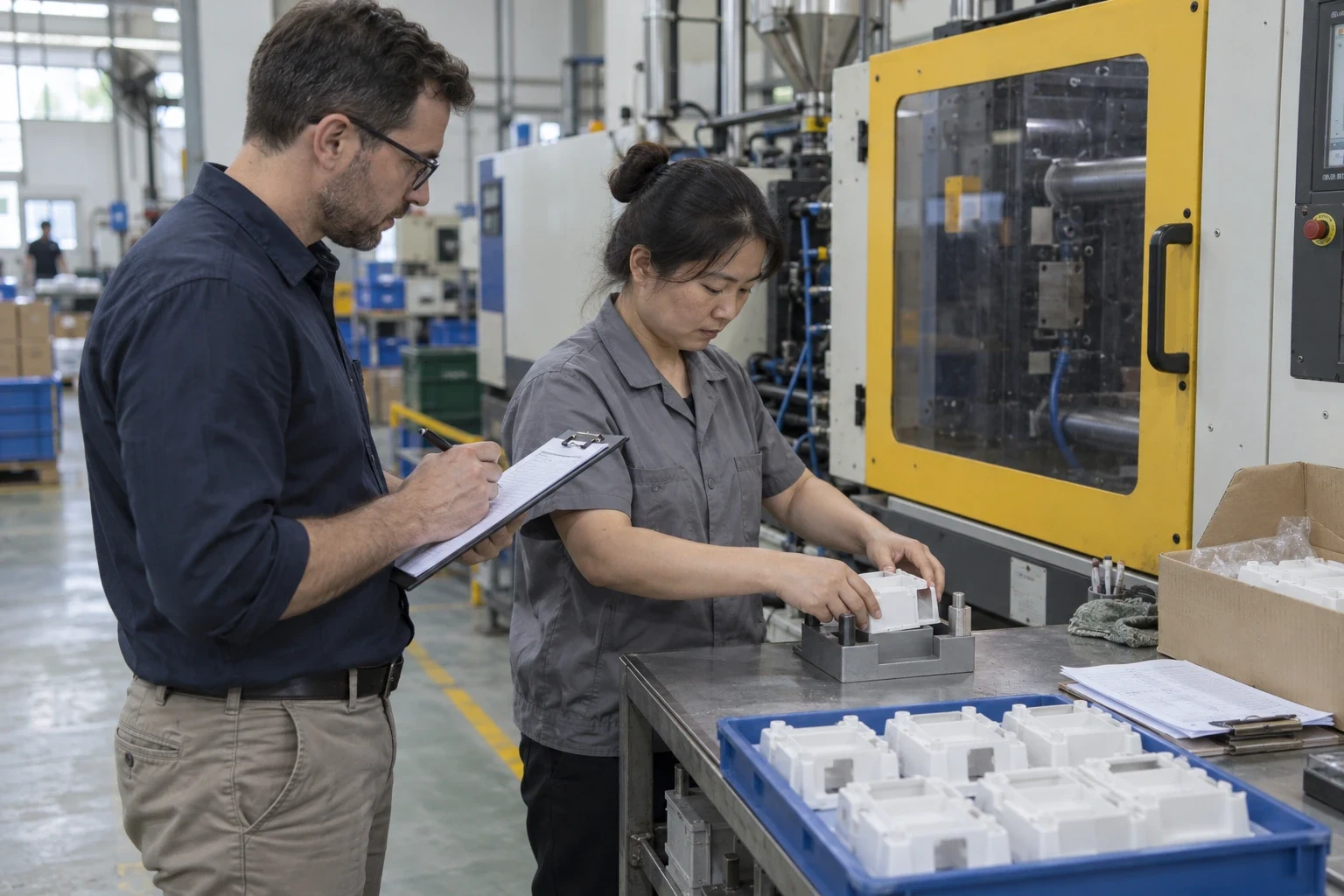 AI illustration of an OEM qualification visit with sample fit checks beside a guarded molding press