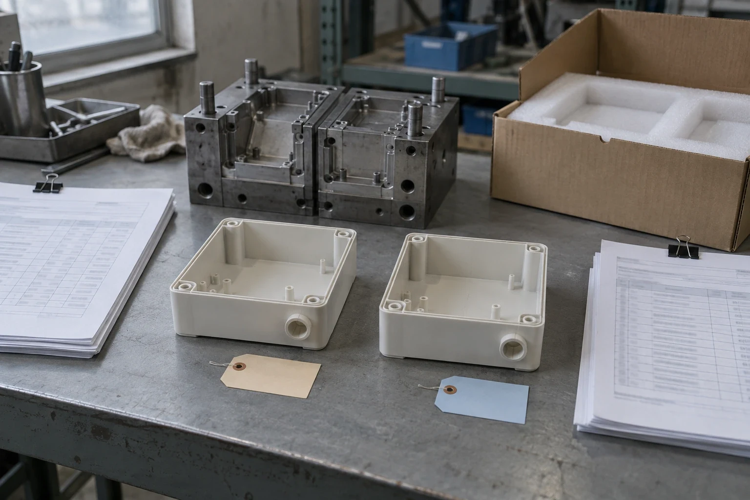 AI illustration of matched injection-molded samples, tooling, quotation packets and export packaging